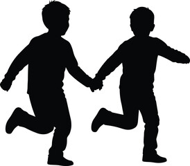 Title: Silhouette of two young, happy boys running and holding hands, symbolizing childhood friendship, brotherhood, freedom, unity, family bonding, and carefree joyful energy on a white background,