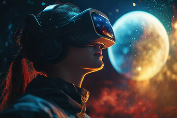 Futuristic vr user in silhouette, exploring immersive virtual environments, generative AI