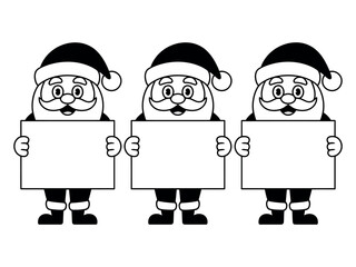 Three Santas holding blank signs in a row on a white background