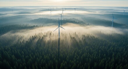 Aerial view of wind turbines rising above a misty forest during sunrise