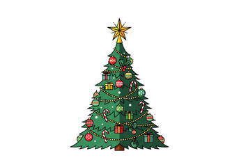 Illustration of a decorated Christmas tree with star, ornaments and gifts.