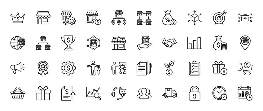 Business and franchise line icon set. Vector pictograms of storefronts, money, strategy, delivery, and commerce concepts, thin linear illustration.