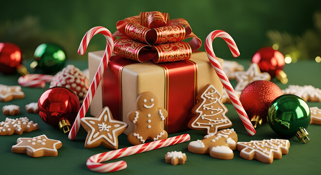 Christmas flat lay on green background with wrapped gift, candy canes, gingerbread cookies, stars and festive ornaments, cozy holiday composition for seasonal designs and winter marketing visuals - Powered by Adobe