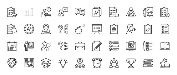 Education and learning line icon set. Vector pictograms of academic tests, student activities, graduation, books, study, and research, thin linear illustration.