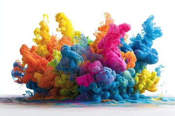 Colorful paint explosion in a cloud-like form on a white background