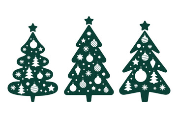 Three stylized Christmas trees are decorated with ornaments and stars.
