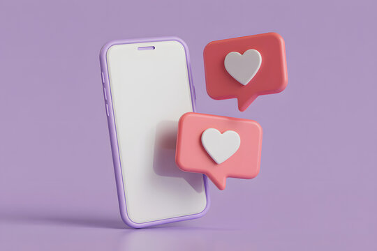 Smartphone with Social Media Likes and Hearts on a Purple Background