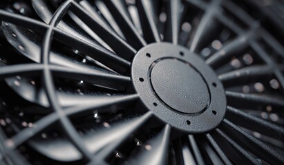 Intricate metal fan blades centered, dark industrial feel, shallow depth of field