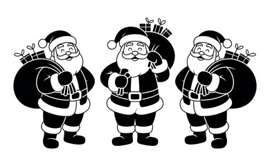 Three Santa Clauses stand together carrying gift bags for Christmas.