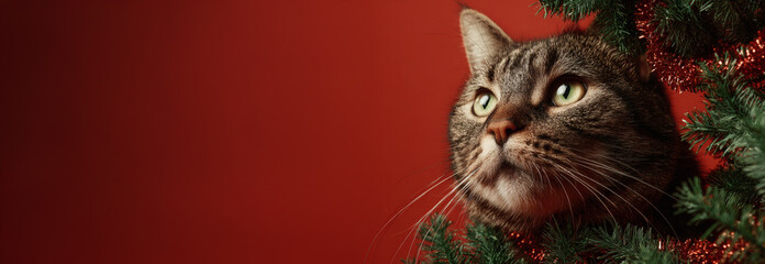 Cat Peeking Through Christmas Tree