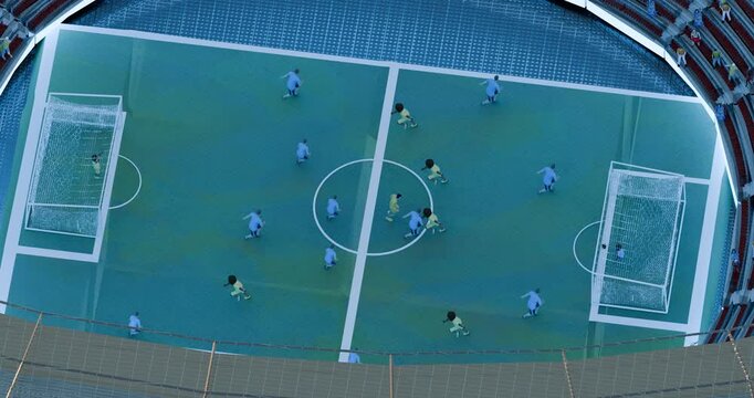 Aerial View of Soccer multiethnic players competing for the Ball in stadium 3D render animation