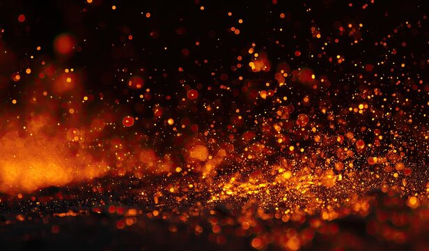 Abstract of fiery, glowing particles on dark background