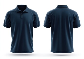 Navy polo shirt, front & back view, short sleeves, dark color, isolated