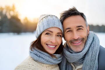 Smiling couple embrace winter cheer, bundled in hats and enjoying a playful moment amid gently falling snow.