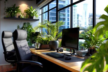 Clean, airy office with a wooden desk, modern chairs, and computers, surrounded by large windows and potted plants for a fresh workspace feel.