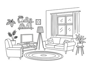 A minimalist living room illustration with a sofa, armchair, and plants.