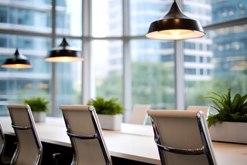 Modern open workspace featuring clean lines, elegant furniture, abundant daylight, and refreshing greenery, creating a calm and productive office atmosphere.