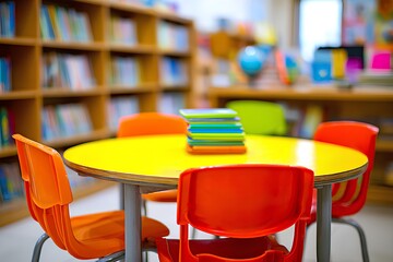 Cozy and colorful children's activity room featuring a bright yellow table surrounded by vibrant orange chairs, with shelves of books and educational materials in the background