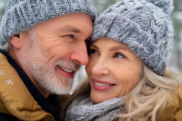 An affectionate elderly couple laughs together in a snowy landscape, radiating warmth despite the chilly winter air.