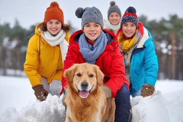 Family enjoying winter fun in snowy landscape, children smiling with golden retriever, wearing colorful jackets and scarves, creating joyful memories in the snow