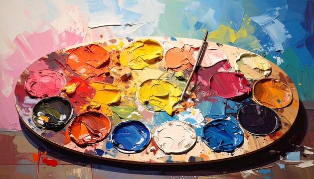 Palette laden with dollops of bright oil paints, and a brush, set against a splashy colorful background