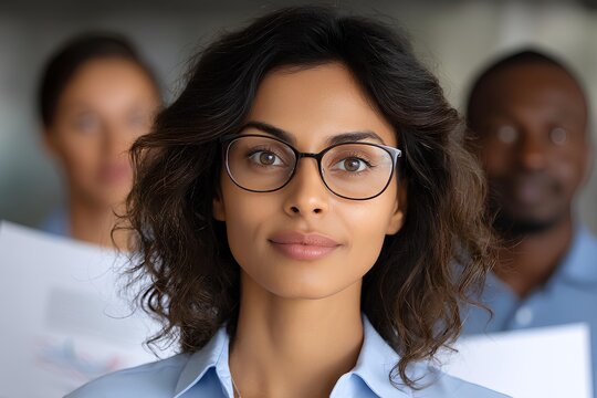 South Asian female employee with glasses confidently poses in front of a diverse group of colleagues, showcasing teamwork and collaboration in a professional environment