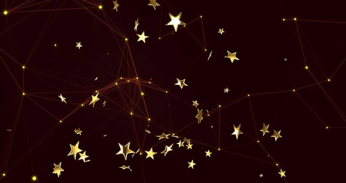 Gold stars and glowing nodes drifting clustering as pulsing nodes pulling stars into network web