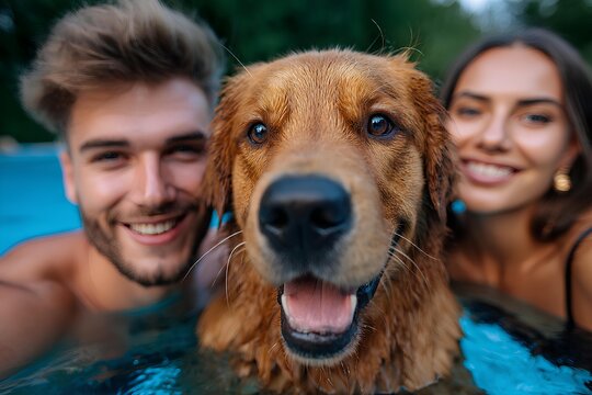 Golden retriever swimming beside smiling couple in a colorful pool, showcasing a joyful summer moment with vibrant water and playful atmosphere.