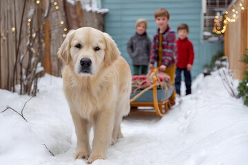 Children ride a sled pulled by a happy golden retriever in a bright, snowy scene filled with sparkling holiday lights and colorful seasonal décor.