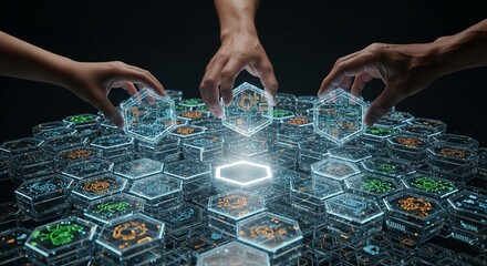 Digital Collaboration and Technology Integration: Hands Placing Hexagon Blocks in a Futuristic Network