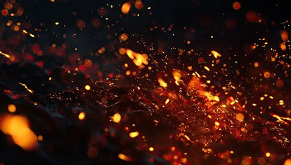 Molten rock surface with flying embers and bokeh, dynamic and fiery