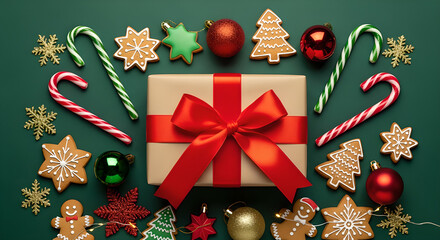 Christmas flat lay on green background with wrapped gift, candy canes, gingerbread cookies, stars and festive ornaments, cozy holiday composition for seasonal designs and winter marketing visuals