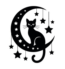 A black cat sits on a crescent moon surrounded by stars.