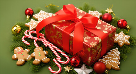 Christmas flat lay on green background with wrapped gift, candy canes, gingerbread cookies, stars and festive ornaments, cozy holiday composition for seasonal designs and winter marketing visuals