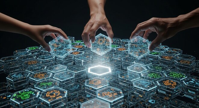 Digital Collaboration and Technology Integration: Hands Placing Hexagon Blocks in a Futuristic Network