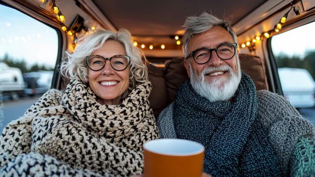 Teardrop Micro Campers. Cheerful senior couple enjoying warm drinks inside cozy teardrop micro camper, with festive lights creating a joyful atmosphere, camera follows their smiles