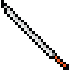 Pixelated illustration of a silver and orange sword on a transparent background with a white border