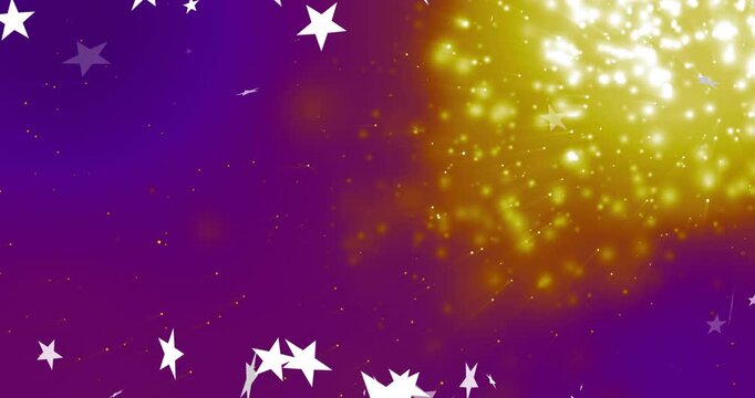 Golden cloud pulsing, white stars drifting and rotating, clustering, enhancing purple field sparkle