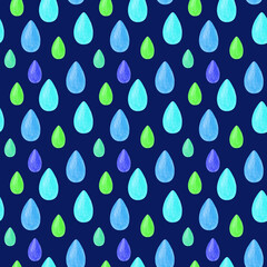 Seamless pattern of blue and green drops on a dark background. Pencil drawing of multicolored raindrops. Seamless hand-drawn template for wallpaper, packaging, textiles.