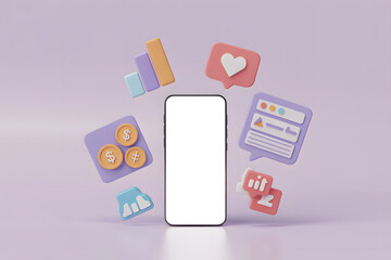 Smartphone with financial and social media icons on a pastel background