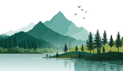 Poster Reflectie Mountain vista reflected in lake water with forest and birds silhouetted  © Wendi