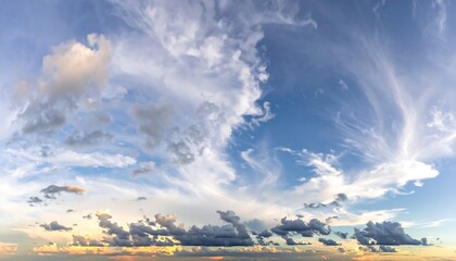 Panorama shot of a beautiful sky with various cloud formations and sunlit horizon, captured at sunrise/sunset