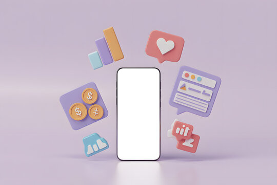 Smartphone with financial and social media icons on a pastel background - Powered by Adobe