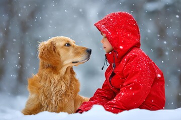 A child in red sits quietly with a golden retriever amid snowy surroundings, creating a winter scene filled with calmness and warmth.