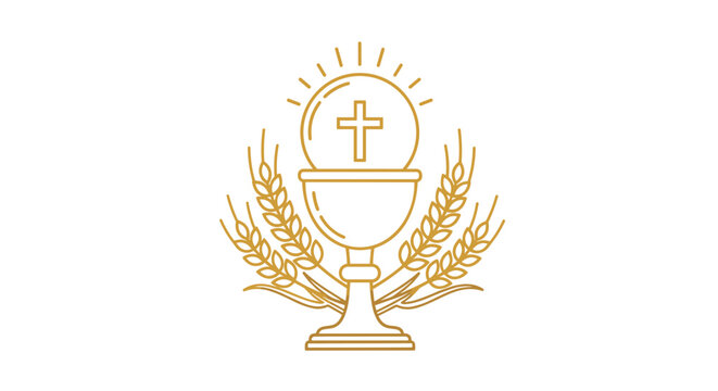 Golden outline illustration of a Christian chalice and host with a cross, surrounded by wheat, symbolizing Holy Communion.