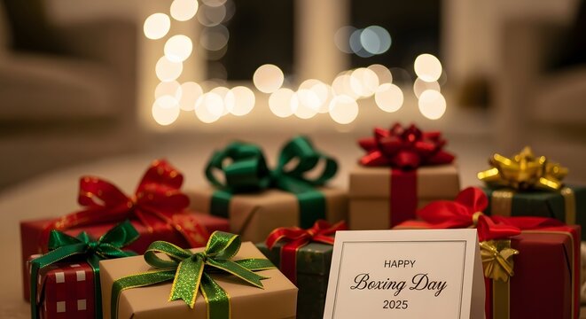 Festive holiday gift boxes adorned with colorful ribbons and bows, ready for Boxing Day celebrations