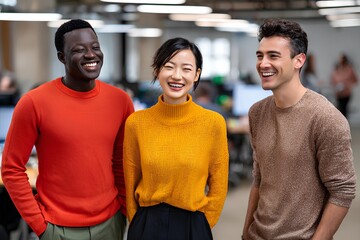 Group of three diverse office employees smiling and enjoying a moment together in a modern workspace, showcasing teamwork and collaboration in a vibrant environment