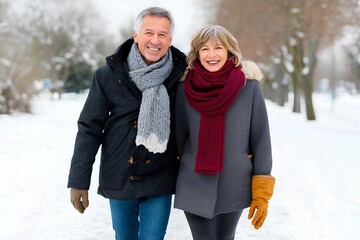 Happy aged couple walking together in a snowy park, dressed warmly in winter clothing, enjoying a joyful moment amidst the serene winter landscape with copy space