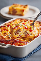 Close-up of fictional Sausage Hash Brown Breakfast Casserole with a bite in a spoon, in a white casserole dish. Concept of breakfast casseroles, visuals for menus, home and restaurants.  