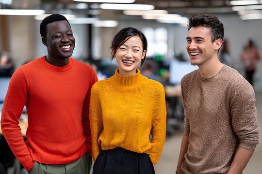 Group of three diverse office employees smiling and enjoying a moment together in a modern workspace, showcasing teamwork and collaboration in a vibrant environment